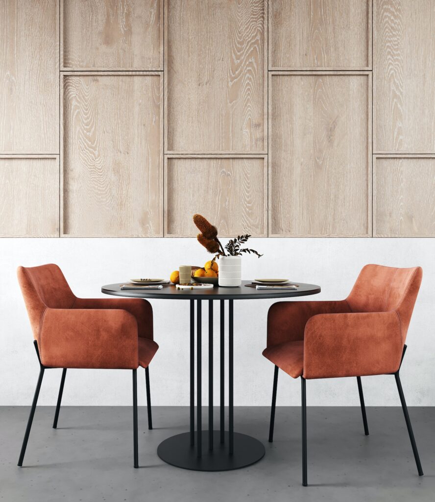 Interior design of modern Scandinavian dining room, 3d render